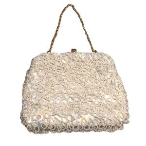 HAND MADE SEQUIN AND BEADED CLUTCH WHITE WITH GOLD TONE HARDWARE AND CHAIN STRAP